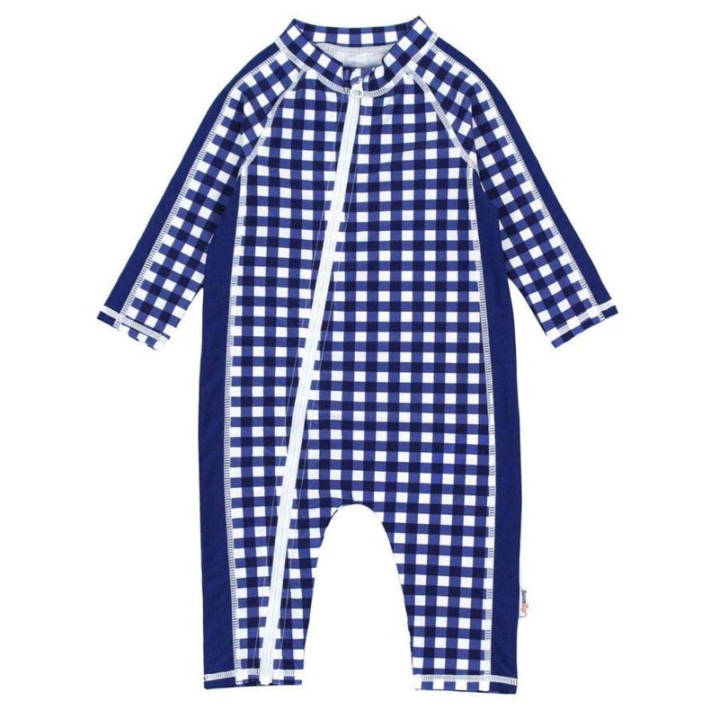 SwimZip Boys' Long-Sleeve UPF 50+ Swimsuit for Baby, Toddler, & Little Boys Navy Gingham - Image 1
